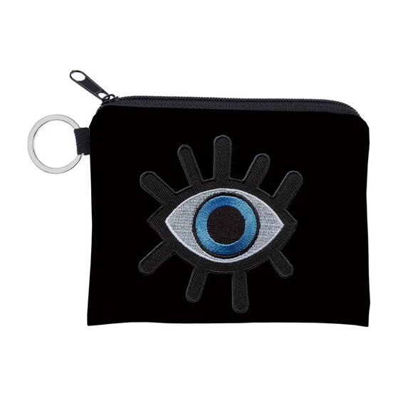 Handbags - Embroidered Evil Eye Coin Pouch | Black Zipper Wallet with Keyring